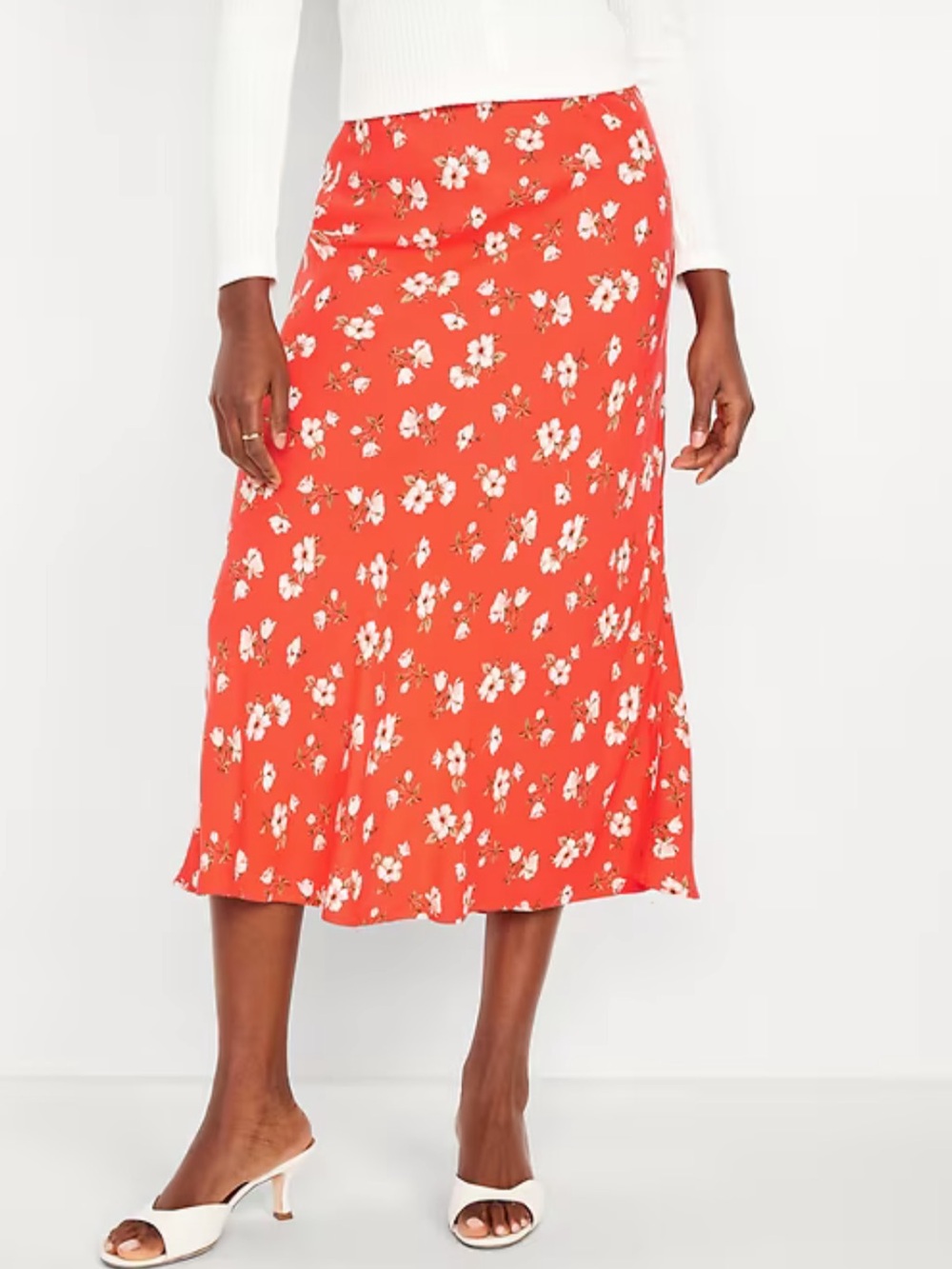 Old Navy Coral Floral Skirt Crepe A-Line Midi Elastic Back Waist Pull On Medium